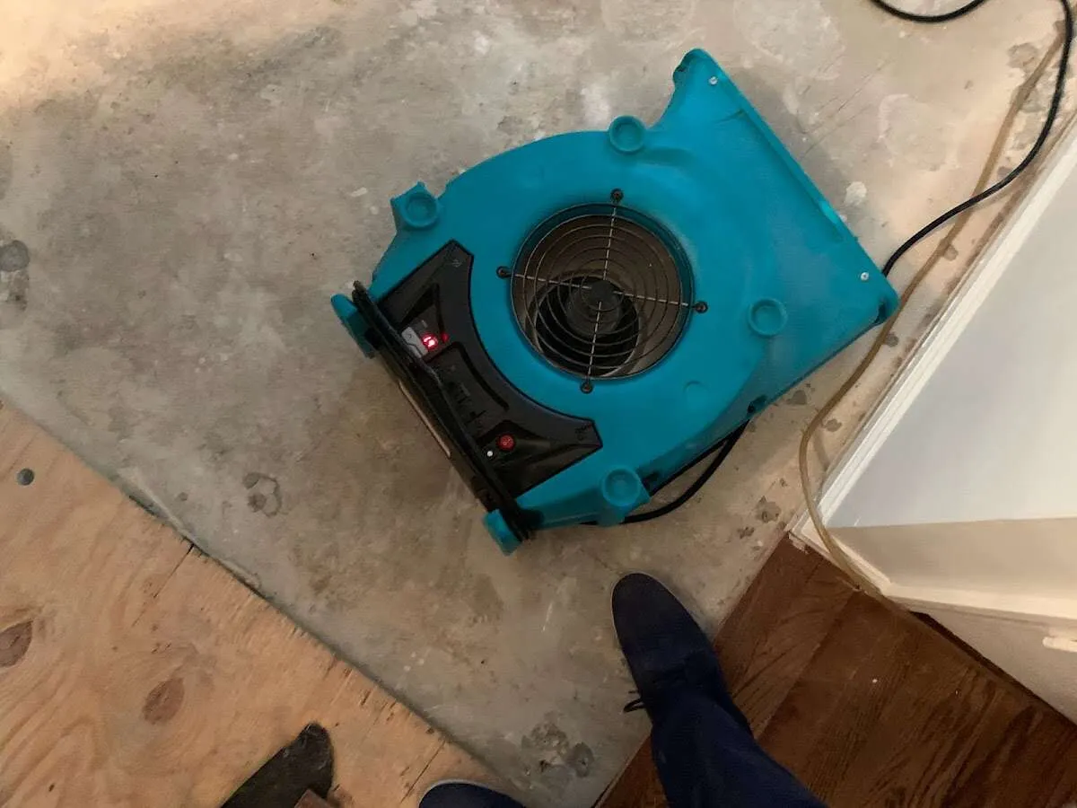 Air mover drying subfloor during Commercial Water Damage Restoration in Lake Tapps